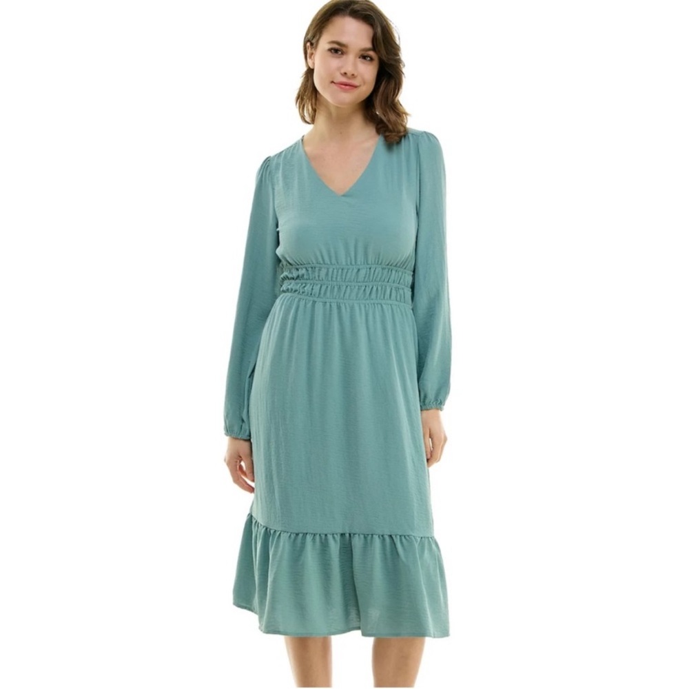 Luxology Smocked Waist Teal Green Lantern Long Sleeve Tiered Midi Dress Size M
